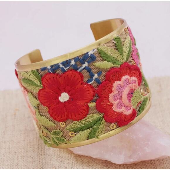Light Pink Flower Embroidery Cuff Bracelet - Picture 1 of 6